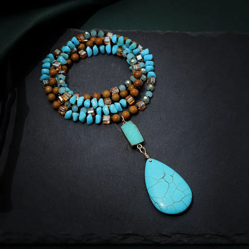 Blue turquoise pendant necklace with mixed gem inlay on ball bead chain