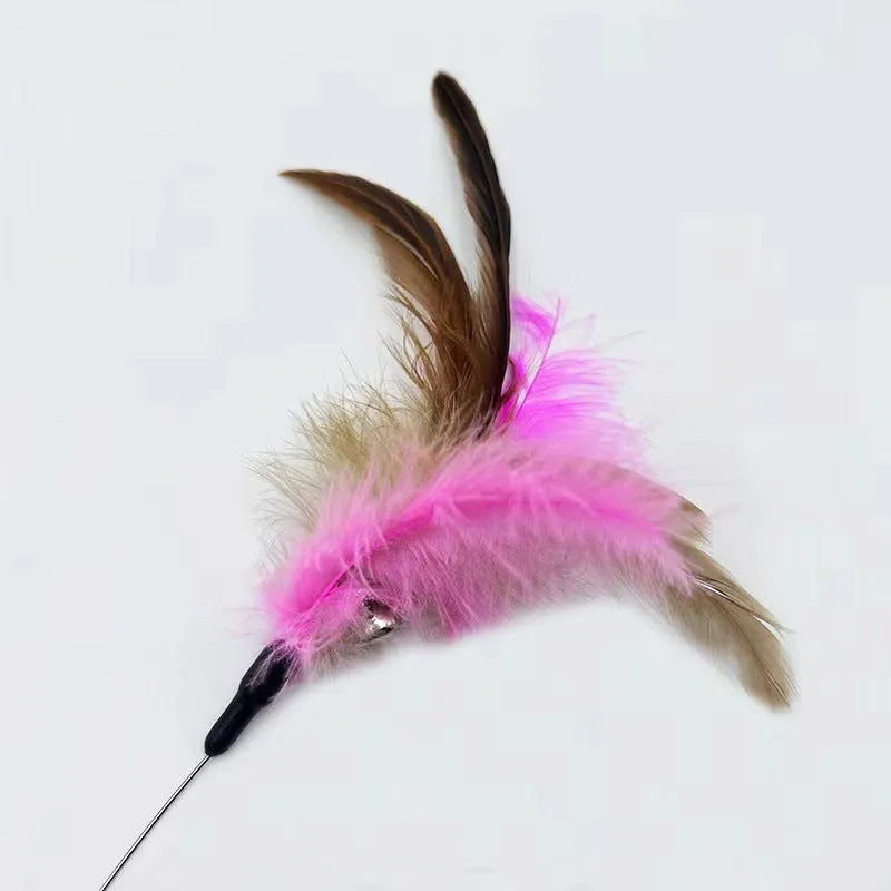 Blue adjustable cat collar with attached silicone wand and a feather and bell toy.