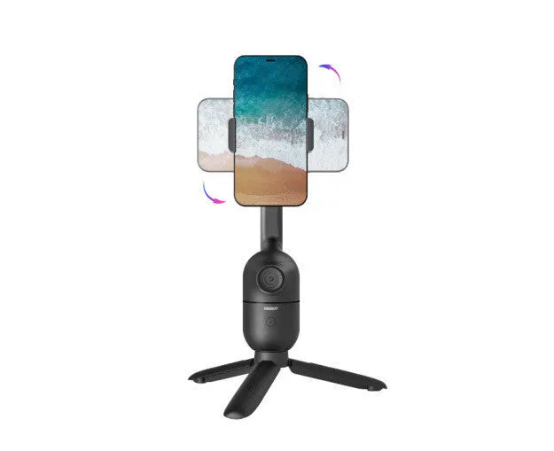 Black folding phone bracket with PTZ head extended on a tripod, showing phone clamp and control paddle