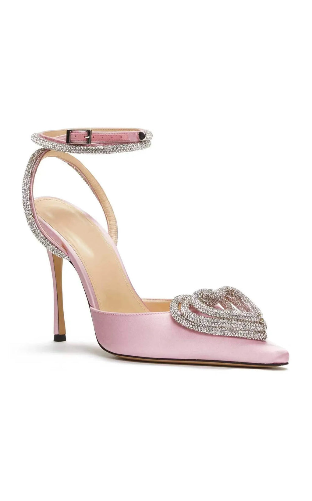 Women's pink satin sandals with heart rhinestone detail and adjustable cross strap.