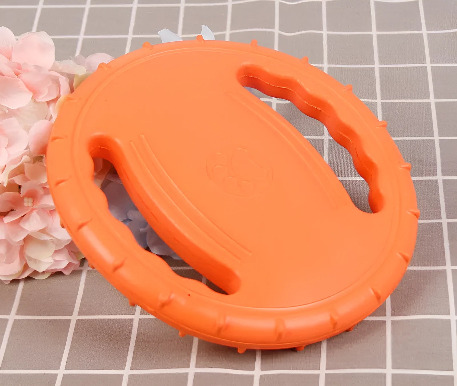 Dog anti-bite training frisbee and interactive bite ring in orange and green plastic sizes medium large trumpet