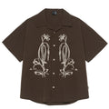 Brown striped men's short sleeve shirt with a Cuban collar, made from quick-dry polyester for outdoor use.