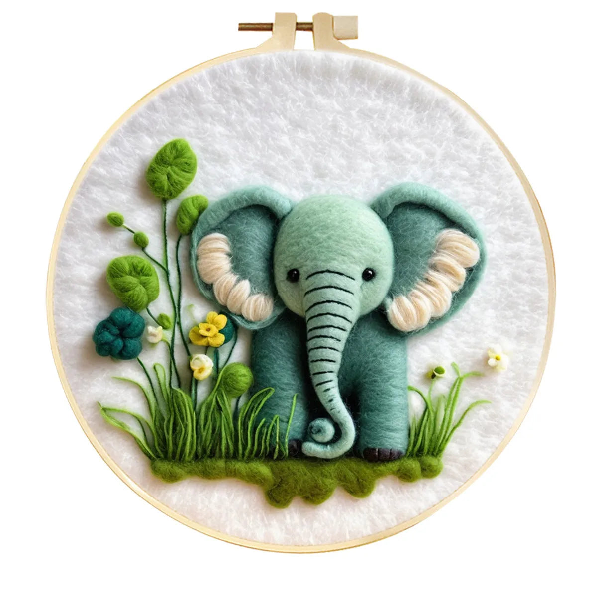 Round linen embroidery frame with wool felt floral decoration kit for three-dimensional wall art