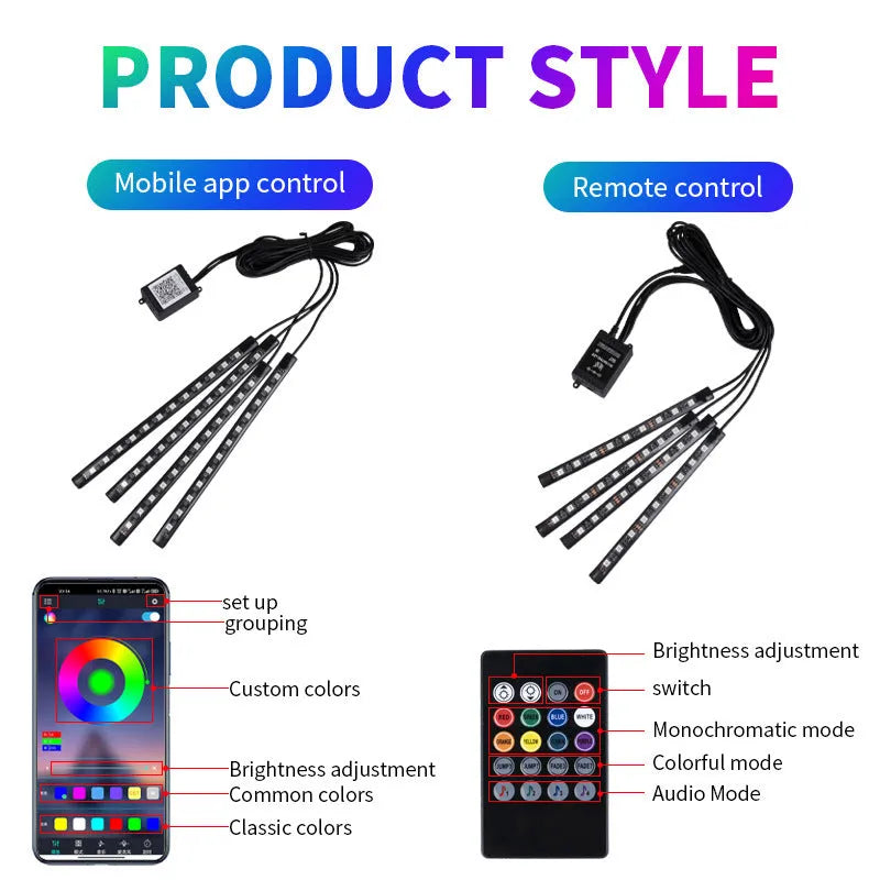 Car LED atmosphere lighting strip showing eight RGB colours with voice control and app connectivity