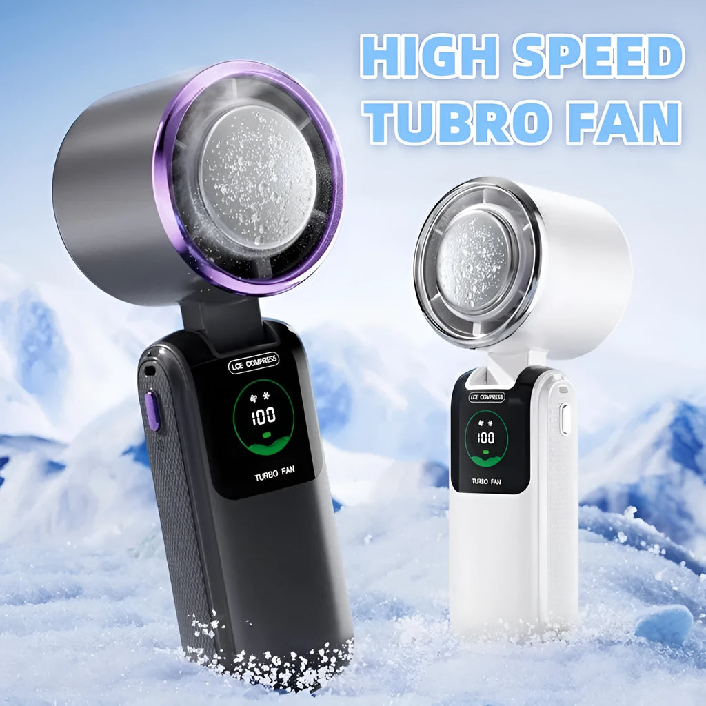 Blue folding handheld USB fan with hanging neck strap shown in open position.