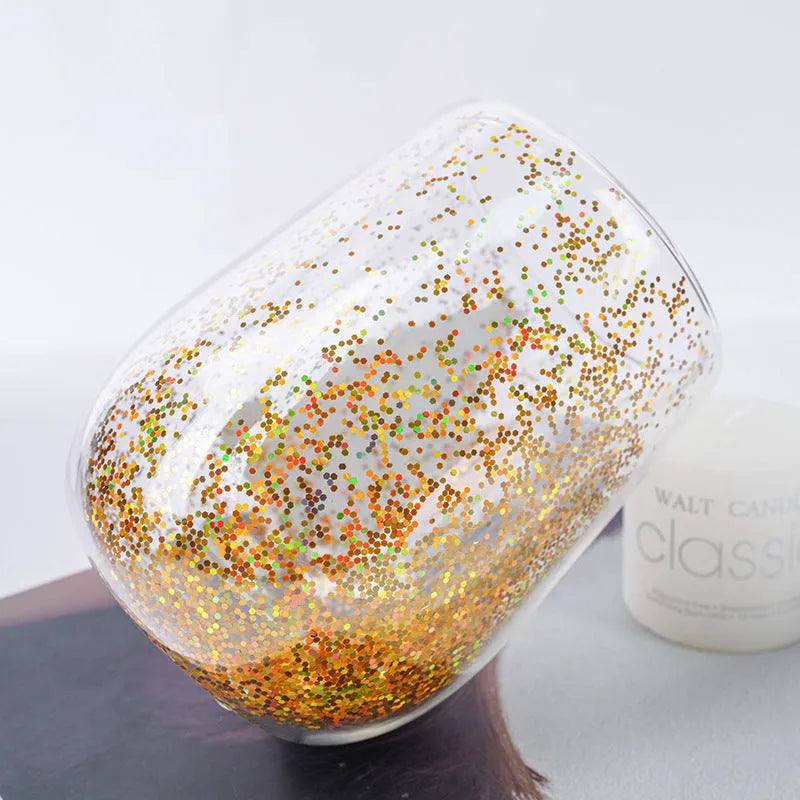 Double-layer Christmas tree glass tumbler with flowing sequins, borosilicate glass, 380ML capacity and 8.6cm x 11.8cm size
