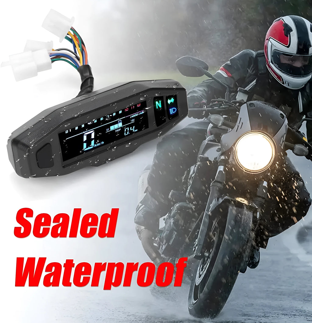 Black mini motorcycle LCD speedometer gauge with digital display showing speed, revs, and fuel level.