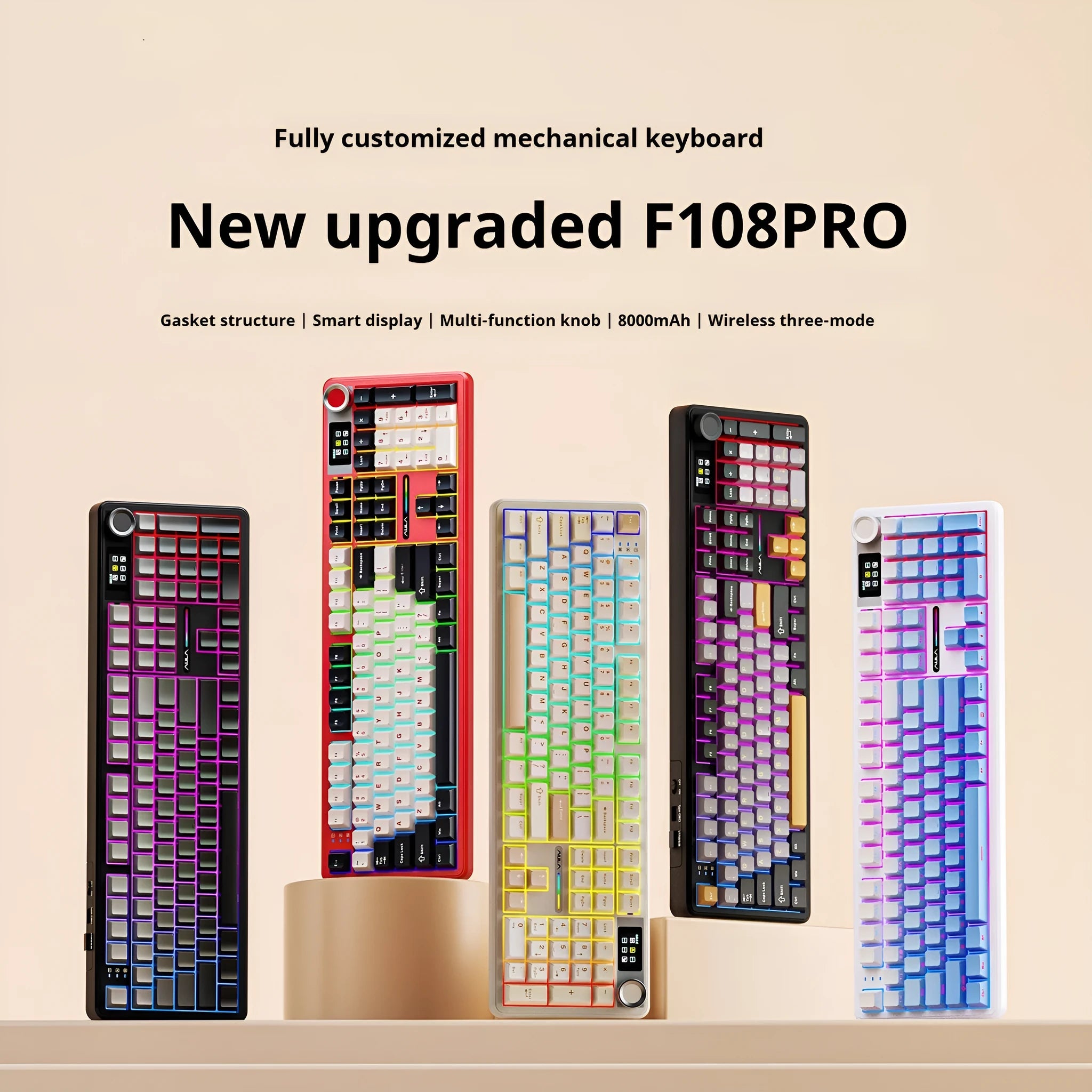 F108pro wireless mechanical keyboard in Milk Brown colour with USB cable and spare switch