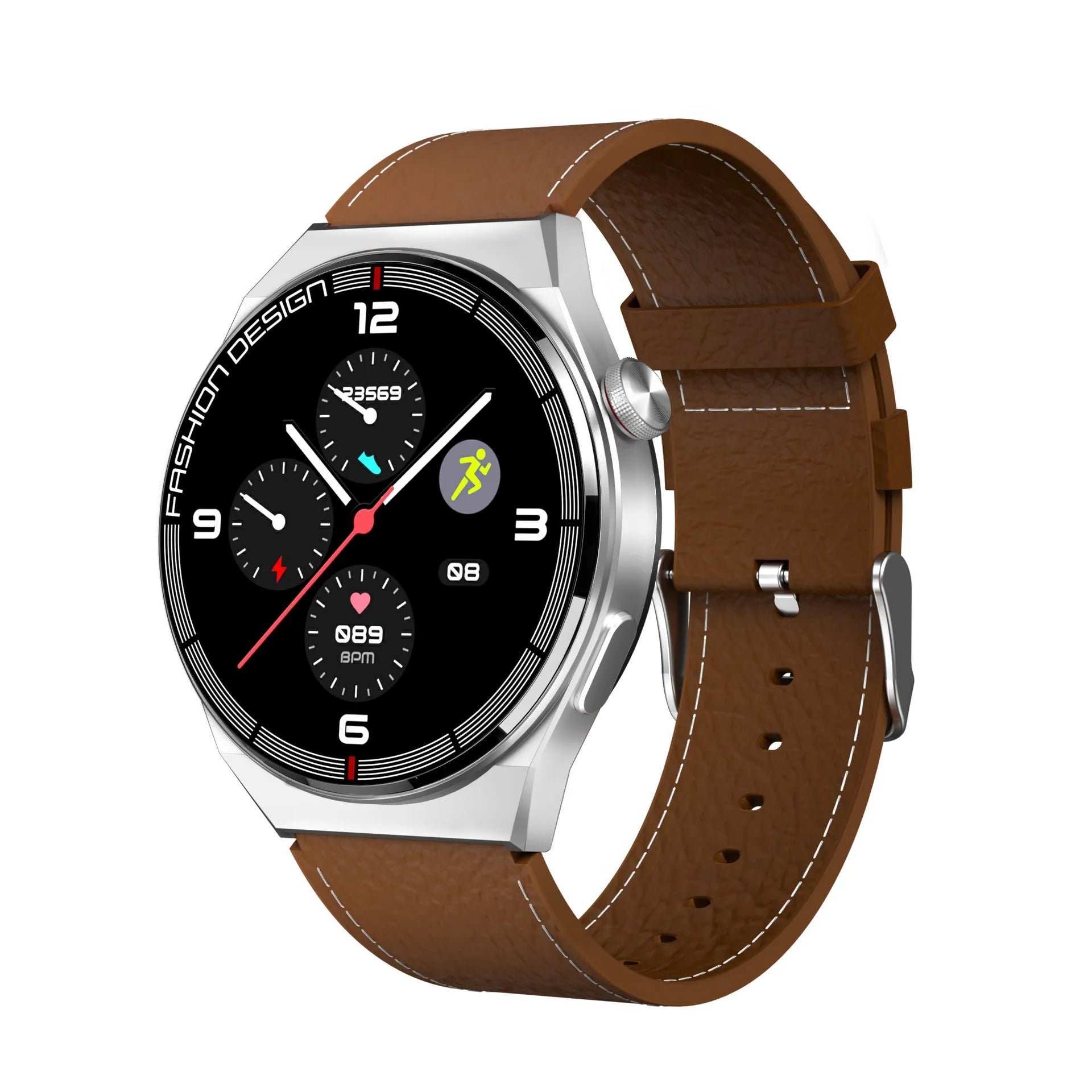 Black Bluetooth smartwatch with NFC on a wrist, showing heart rate data on its 1.28-inch screen.