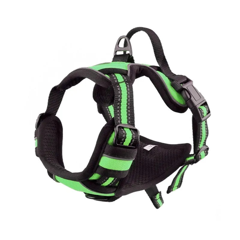 Adjustable dog chest harness in Oxford cloth, shown in multiple colours including red, blue, and black.