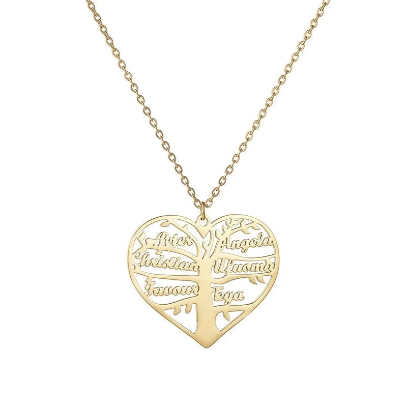 Customisable stainless steel name necklace with hollow heart and English letter lucky tree pendant.
