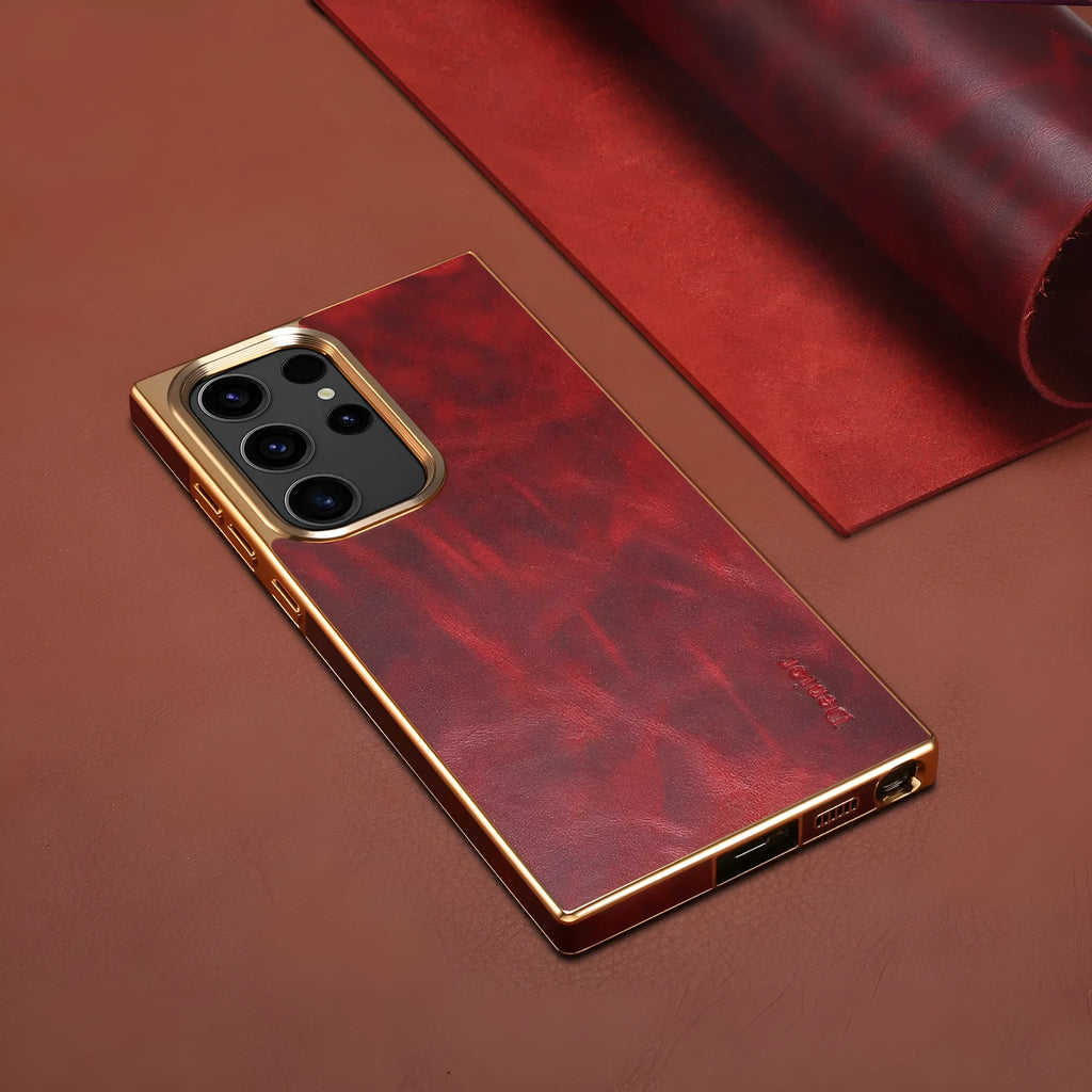 Oil wax calfskin phone case for Samsung Galaxy S23 S24 with animal monster design, available in blue black purple red brown.