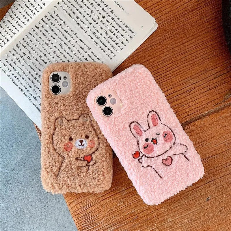 Plush love bear rabbit TPU phone case in pink and brown for iPhone models