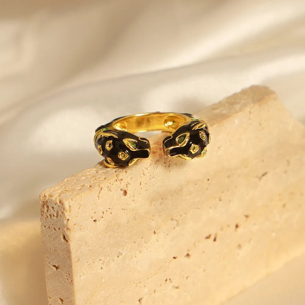 Black cheetah pattern geometric open ring for women, size UK 7, made from electroplated copper.