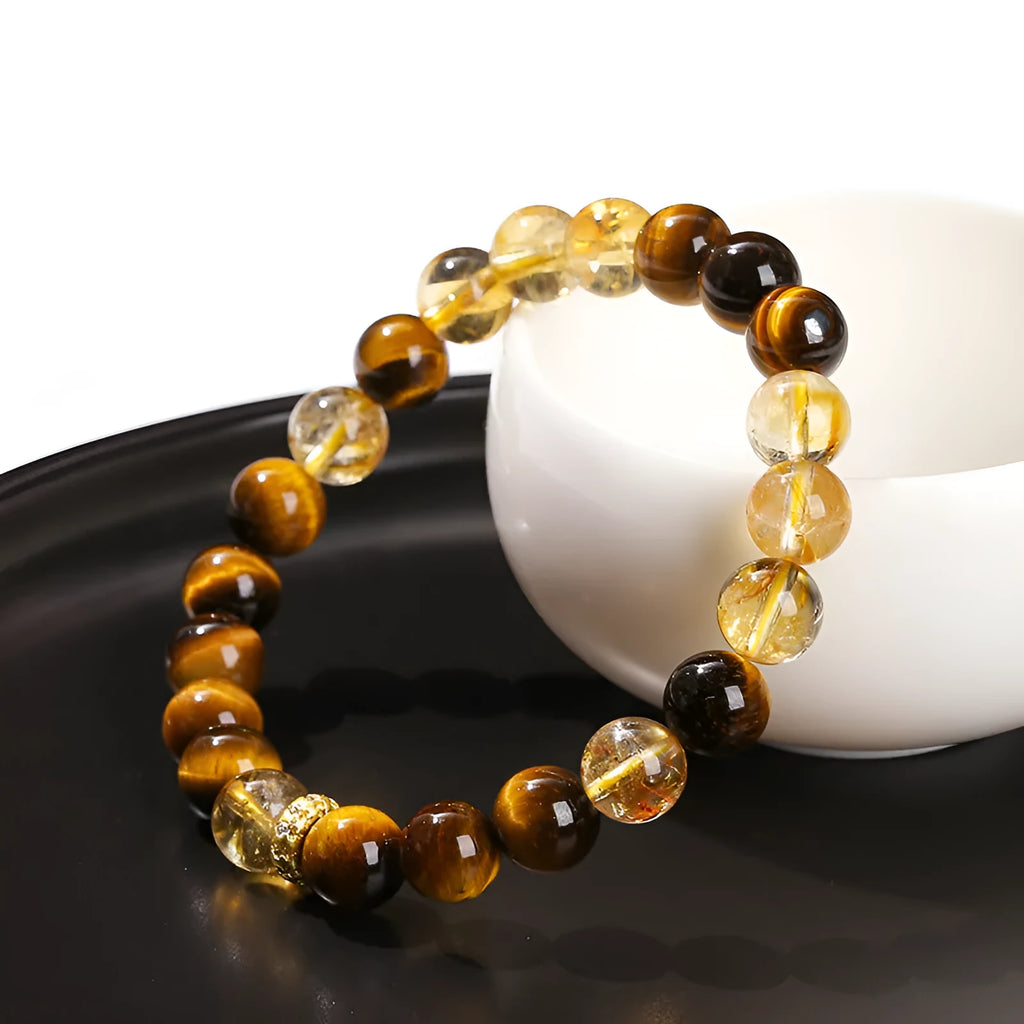 Natural yellow tiger stone and tower crystal bracelet with 8mm geometric beads