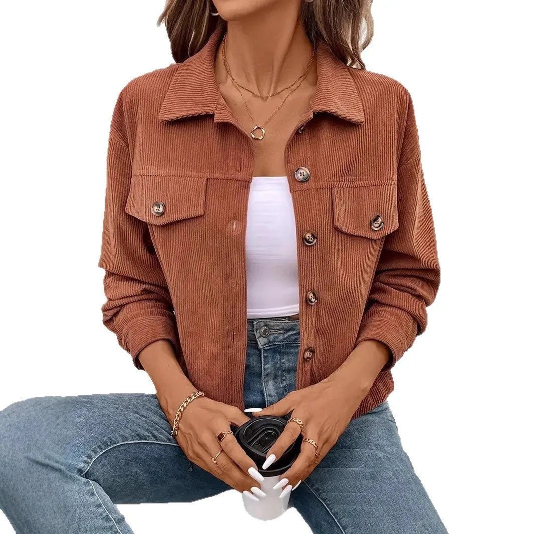 Women's retro style loose fit shirt coat jacket with long sleeves and button front in six colour options