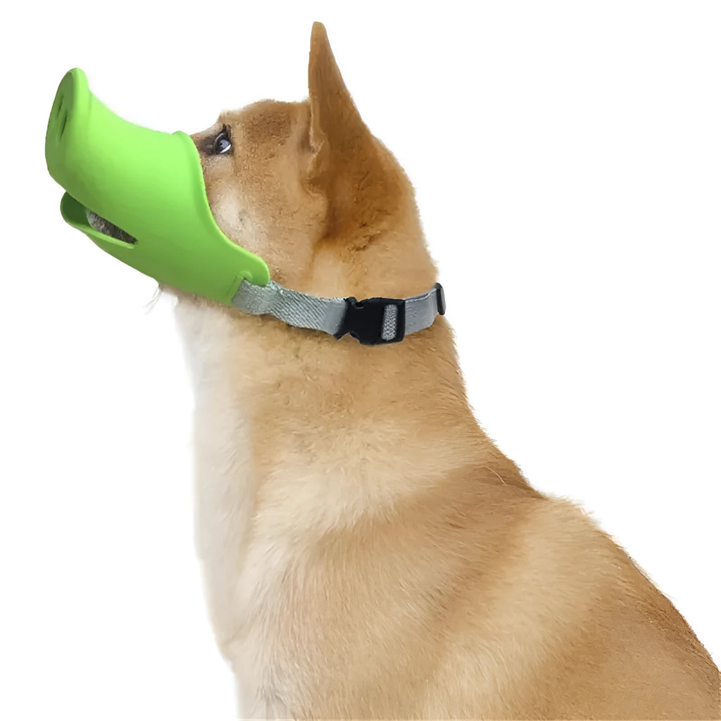 Green silicone anti-bite mouth cover for dog with long snout, showing size comparison