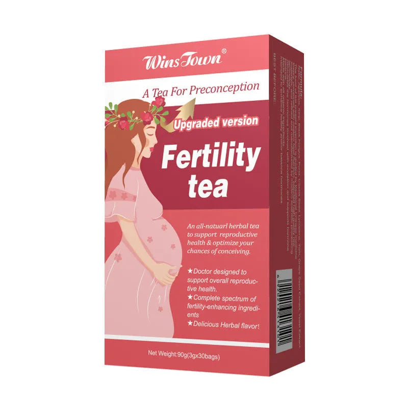 Box of natural fertility tea containing 3 packs of 30 herbal tea bags, 90 bags total.