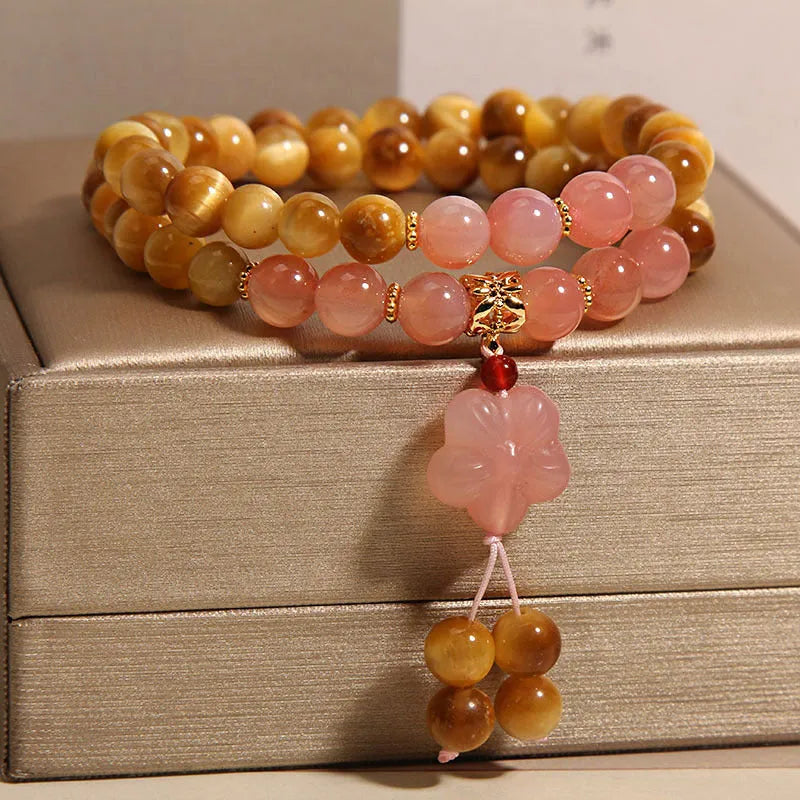 Tigereye double ring bracelet for women with crystal, agate flower, pearl, rhinestone and sequin elements
