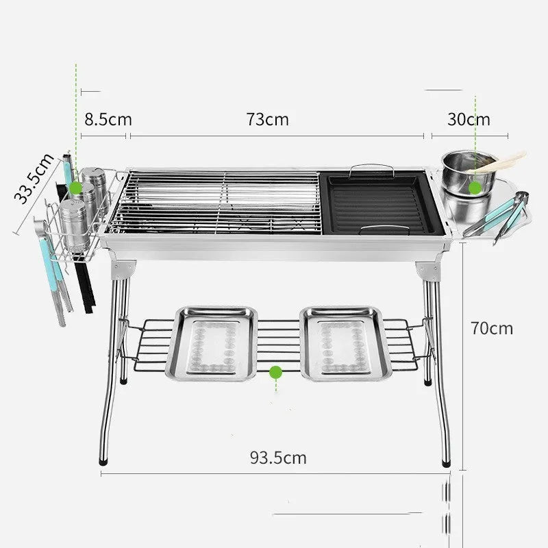 Stainless steel portable folding barbecue oven set up outdoors