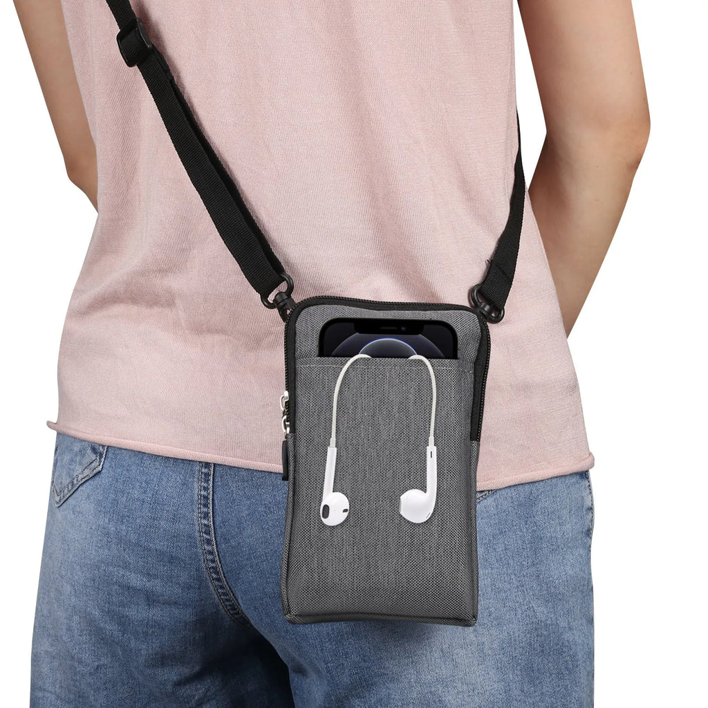 Solid colour waterproof neoprene waist bag with cross-body strap for Apple, Huawei or Samsung smartphones.