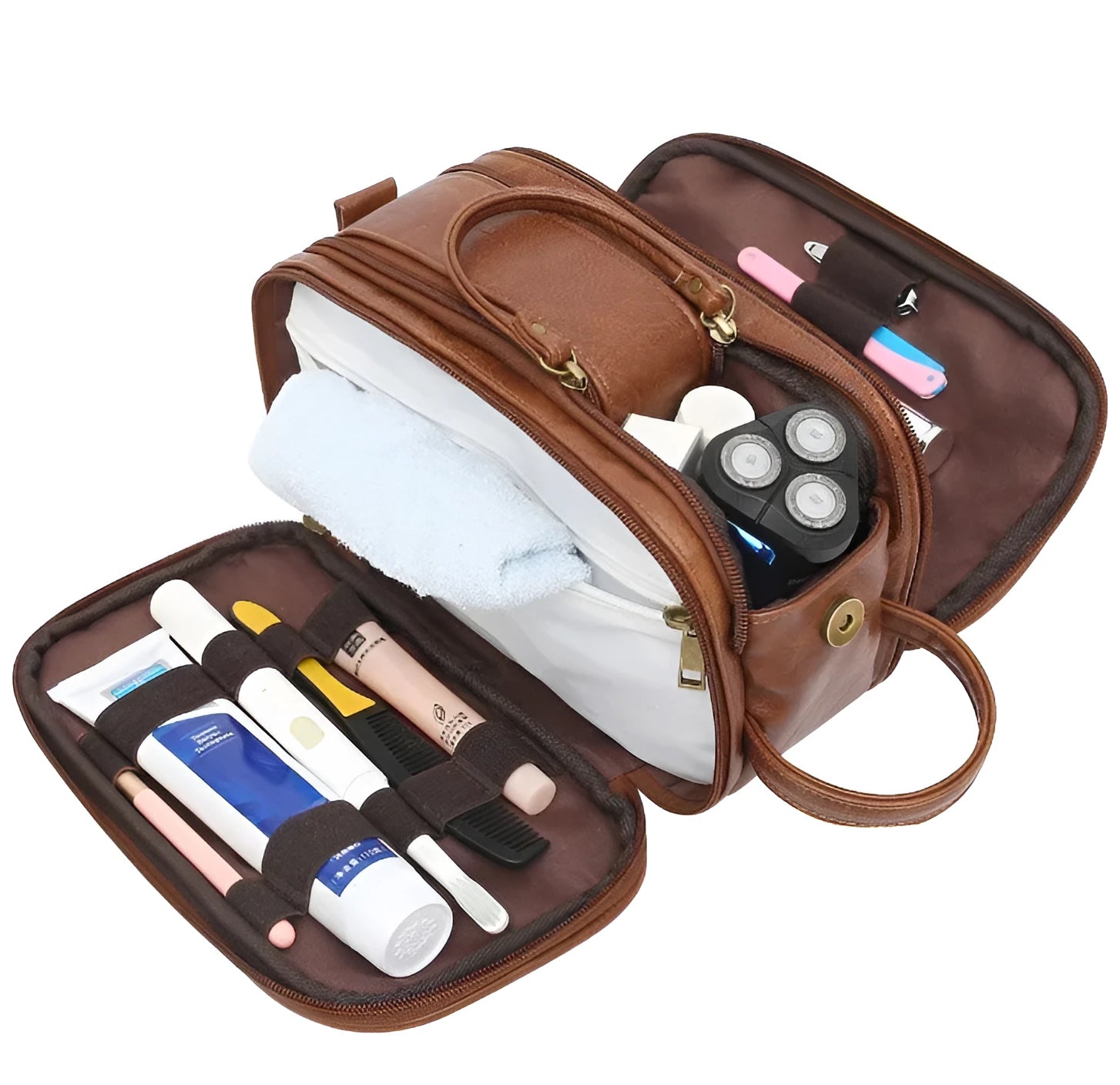 Men's solid colour PU toiletry bag for travel storage in black or brown