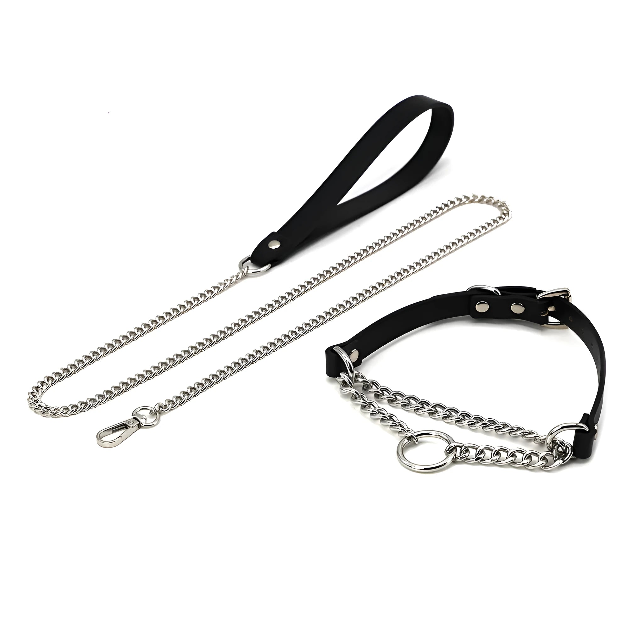 Black leather collar with chain detail and attached black leash on a dark background.