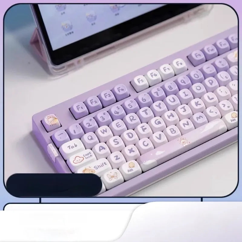 PBT gradient purple keycap set with custom Coeco rabbit illustration for mechanical keyboards.