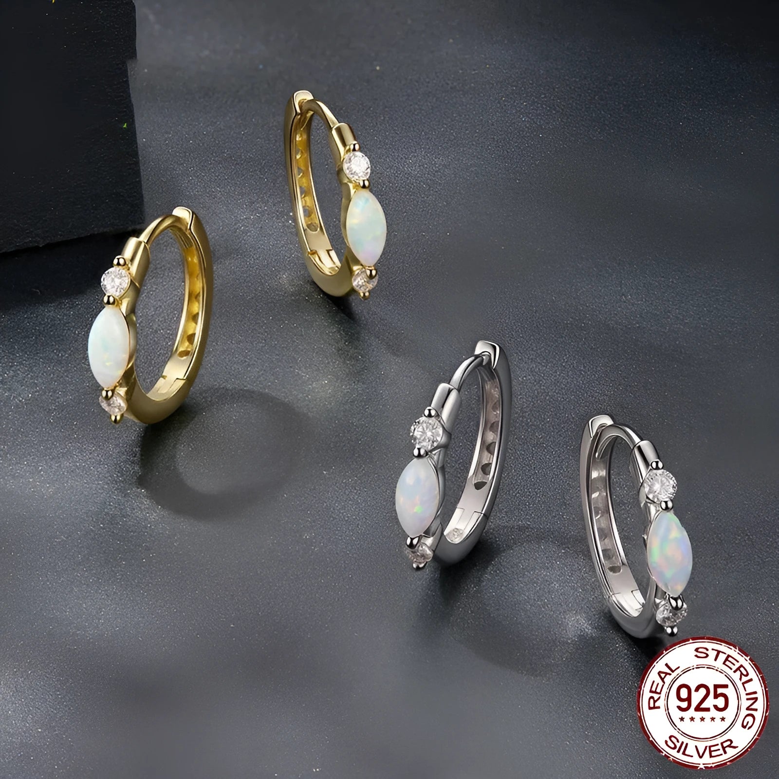 Moissanite simple opal ear ring clip in S925 sterling silver with gold finish, featuring moissanite and opal stones on a smooth clip-on setting