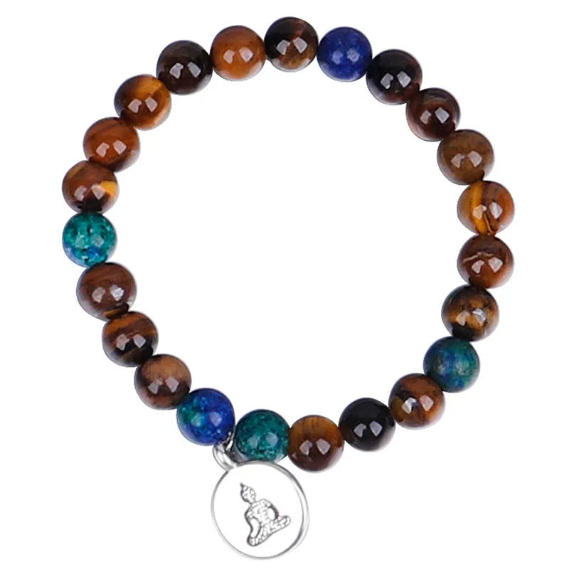 Handmade tiger eye stone bead necklace with Buddha head pendant and tassel on women model