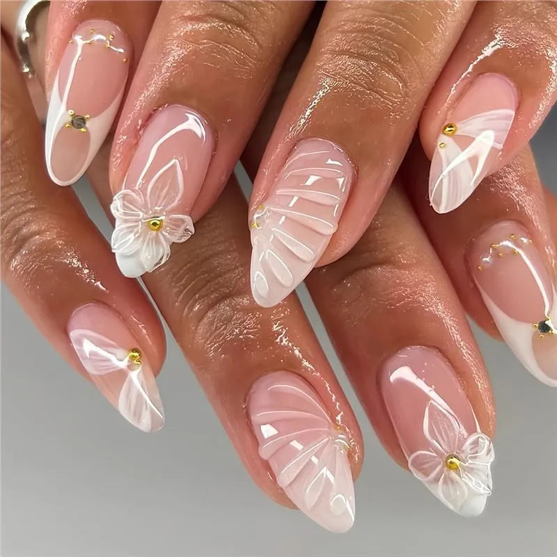 White almond fake nails with three-dimensional water ripple finish and flower pattern in colour AA214
