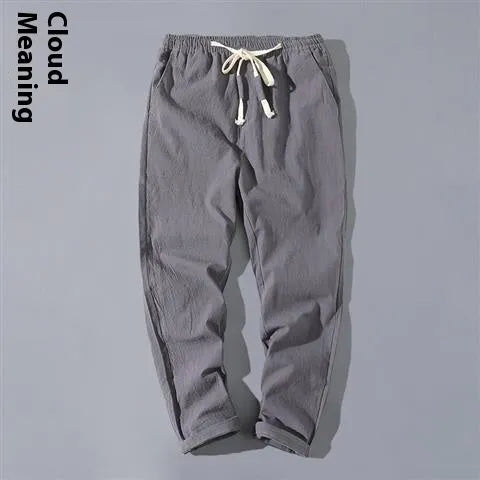 Men's cotton blend linen Tang suit cropped pants in high-waist straight-leg style