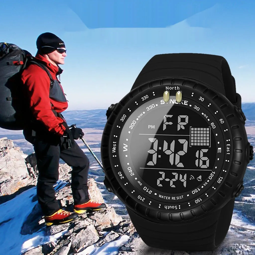 Black men's waterproof digital outdoor watch with large dial on a PU strap.