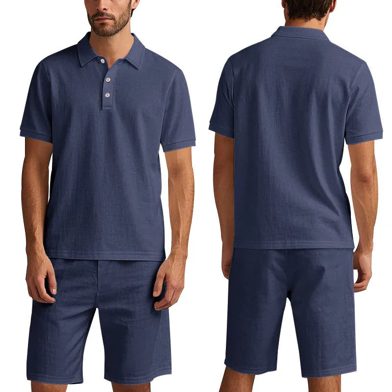 Men's loose casual summer short suit in linen-blend fabric with short sleeves and matching beach shorts