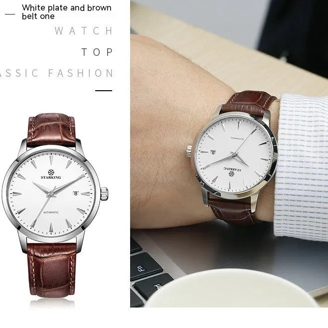 Starking Star Watch automatic men with black dial, light brown leather band, and steel case
