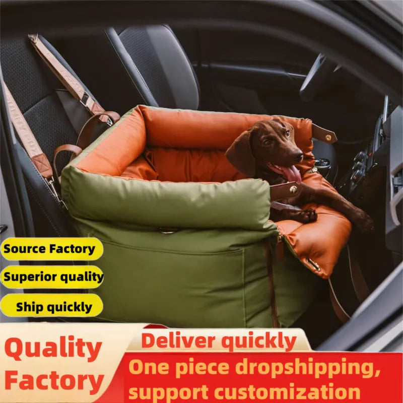 Green waterproof PU leather dog car nest with removable cover, dimensions 55cm by 50cm by 45cm.
