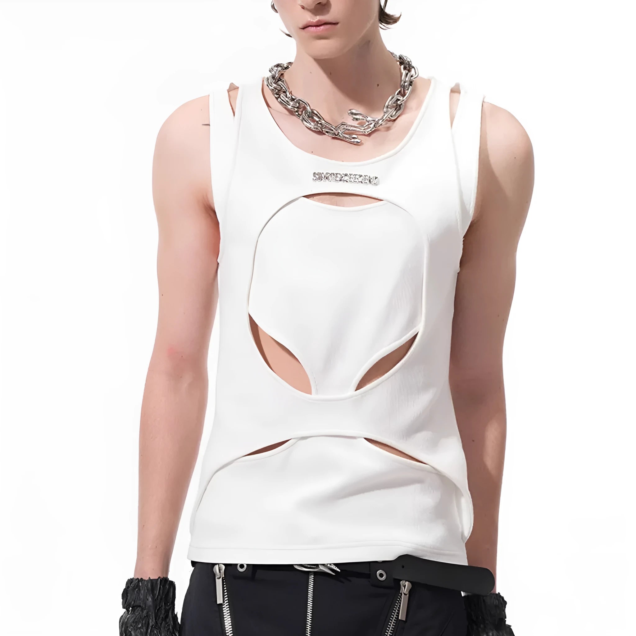 Man wearing a loose-fitting black sleeveless hollow thread waistcoat over a white t-shirt.