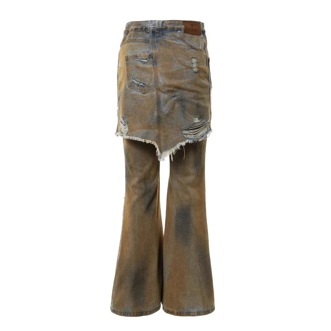 American Street loose hole bootcut pants in cotton denim with high waist design