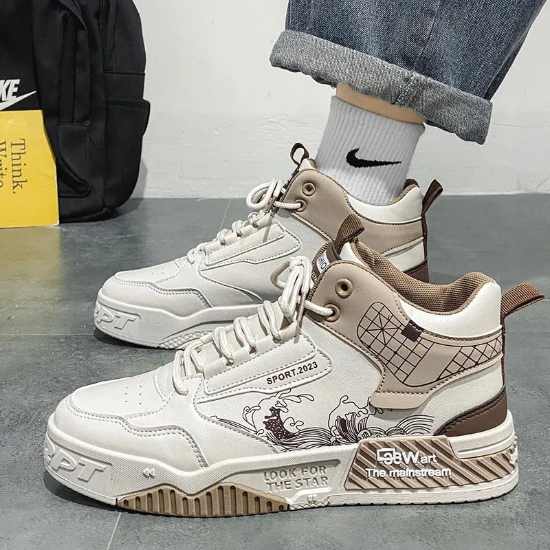 Men's beige and white high-top board shoes with mesh lining and rubber soles