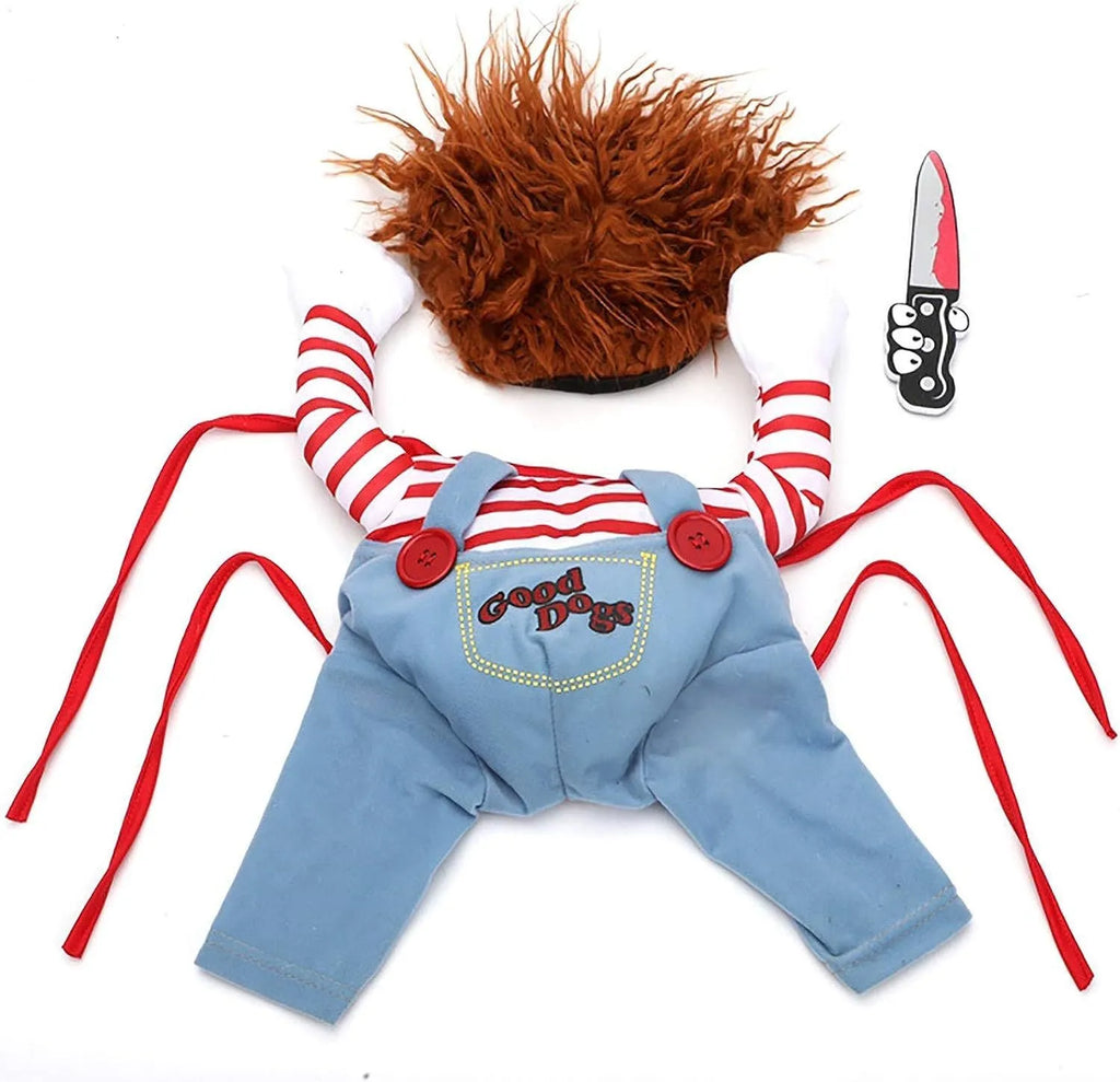 Striped Halloween harness pants costume with toy knife for dogs and cats in four size options