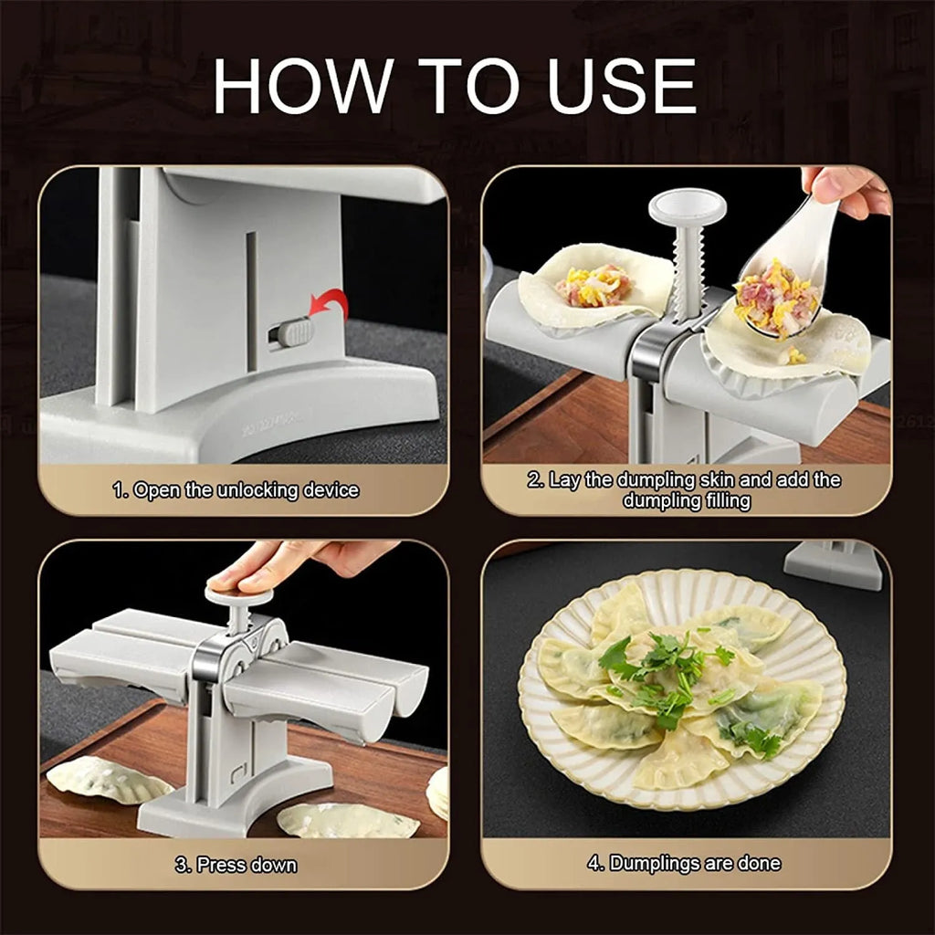 White double head dumpling mould with manual press mechanism and anti-slip rubber base