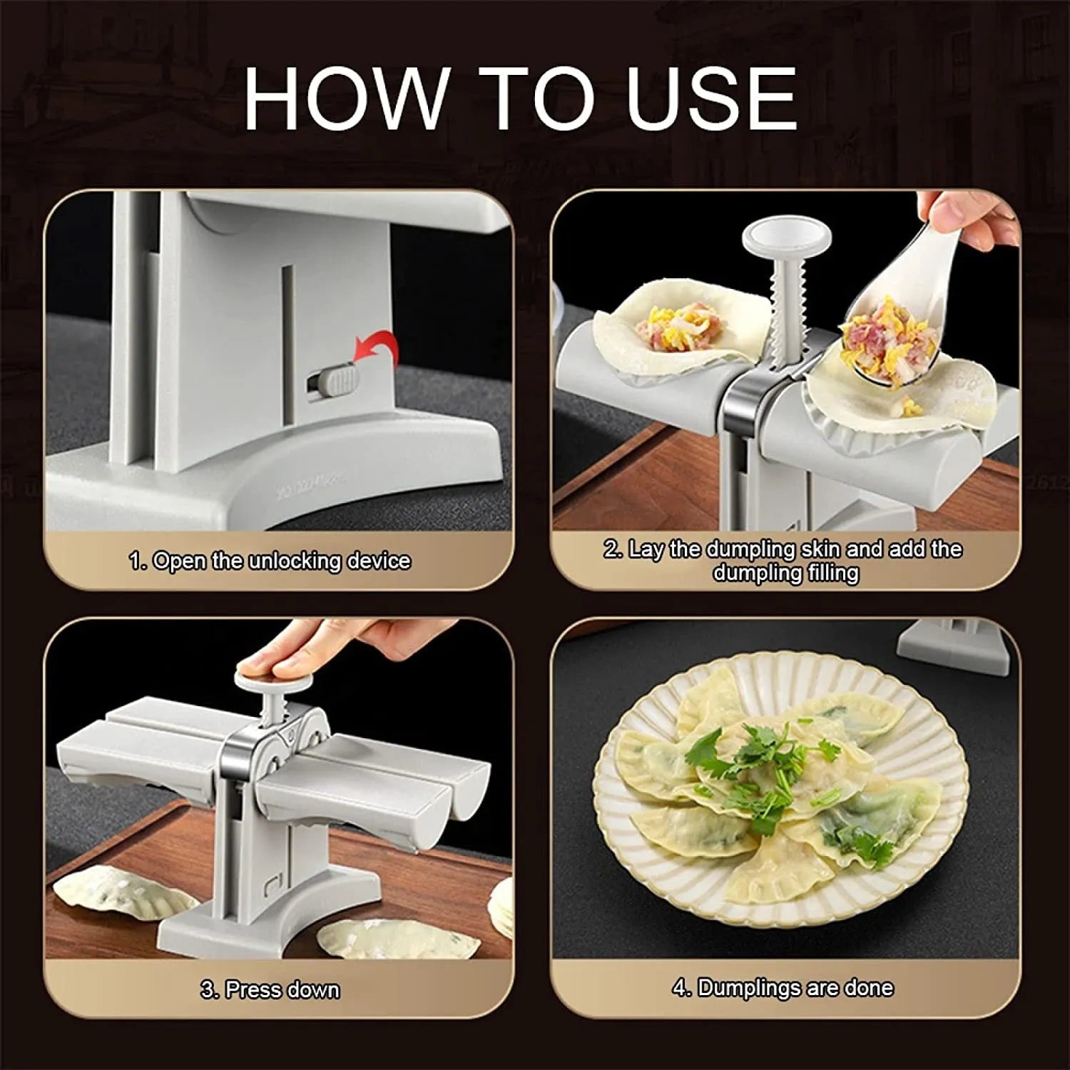 White double head dumpling mould with manual press mechanism and anti-slip rubber base
