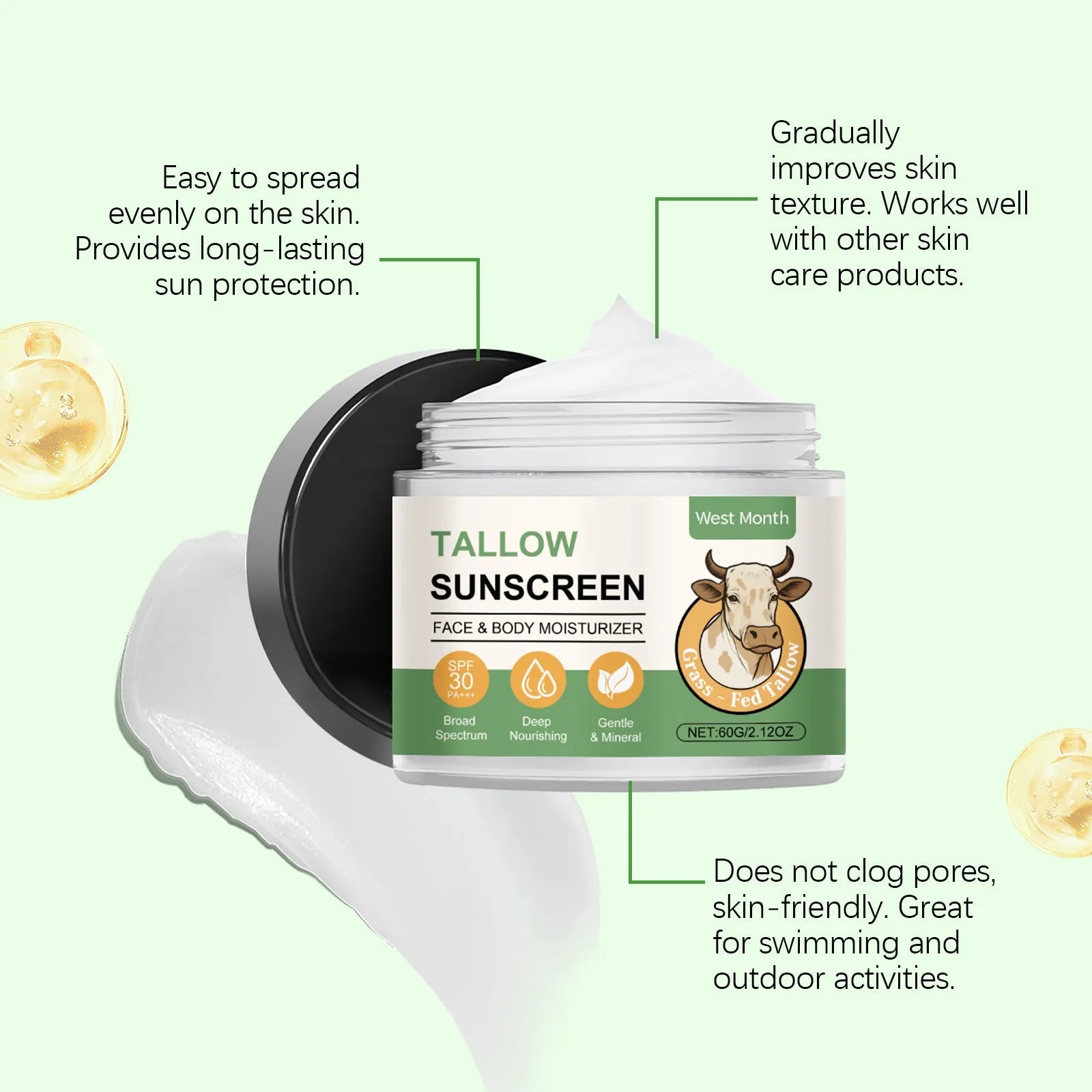 60g tube of refreshing non-oily sunscreen cream with hyaluronic acid for facial UV protection