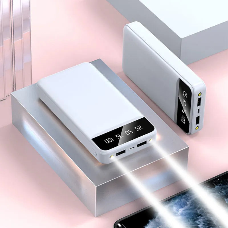 20000mAh polymer power bank with multi USB ports in black white pink blue colour options