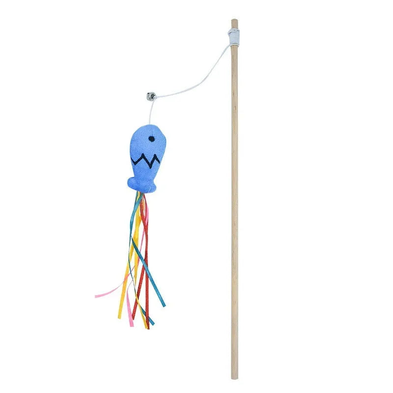 Cat wand toy with catnip fish, colourful ribbons and bell on natural wooden handle