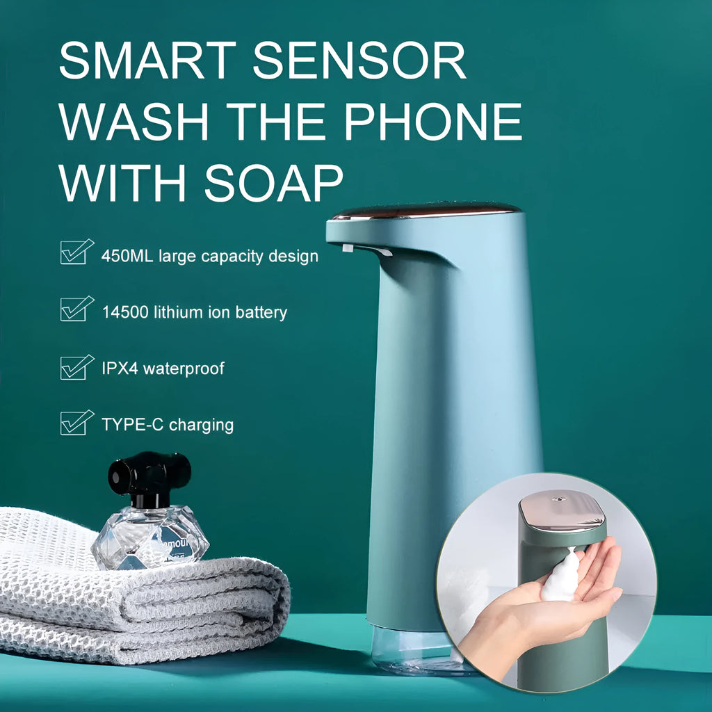 Automatic foam soap dispenser in white colour with infrared sensor and USB charging port for bathroom and kitchen use