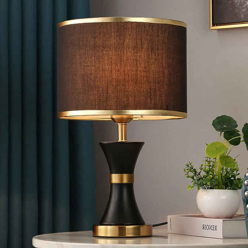 Iron body table lamp with cloth shade in black, gold or white colour for bedroom lighting