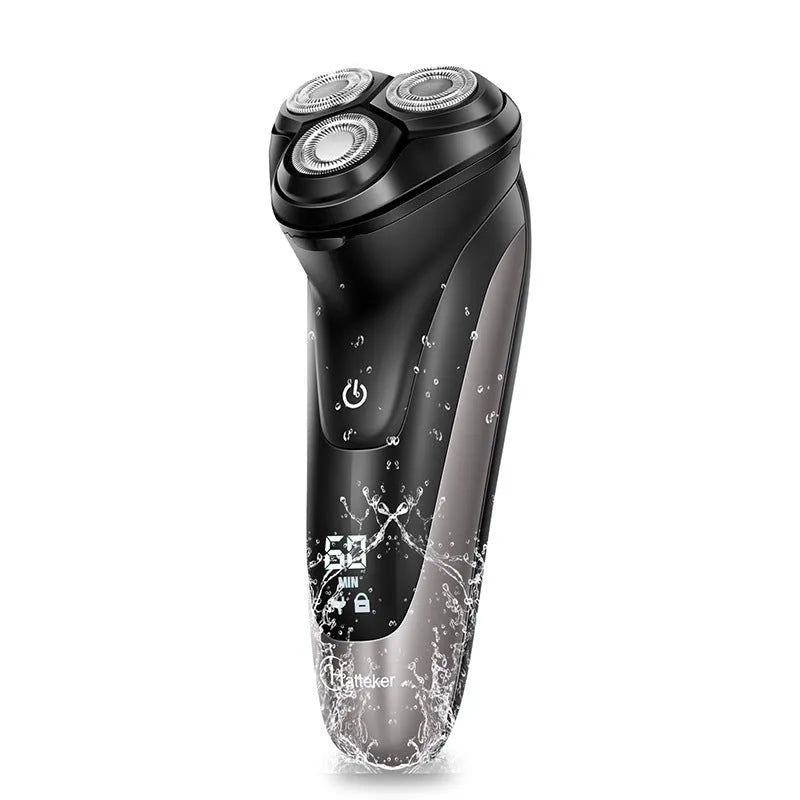 Men's electric shaver with three floating heads and pop-up sideburn trimmer on black background