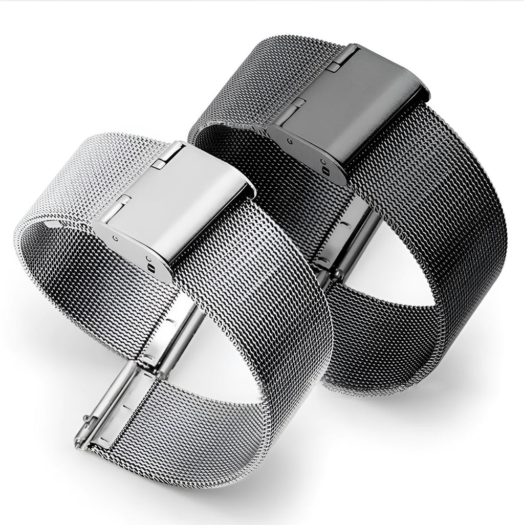Milani Silk Woven Stainless Steel watch band in silver, shown adjustable on a wrist.