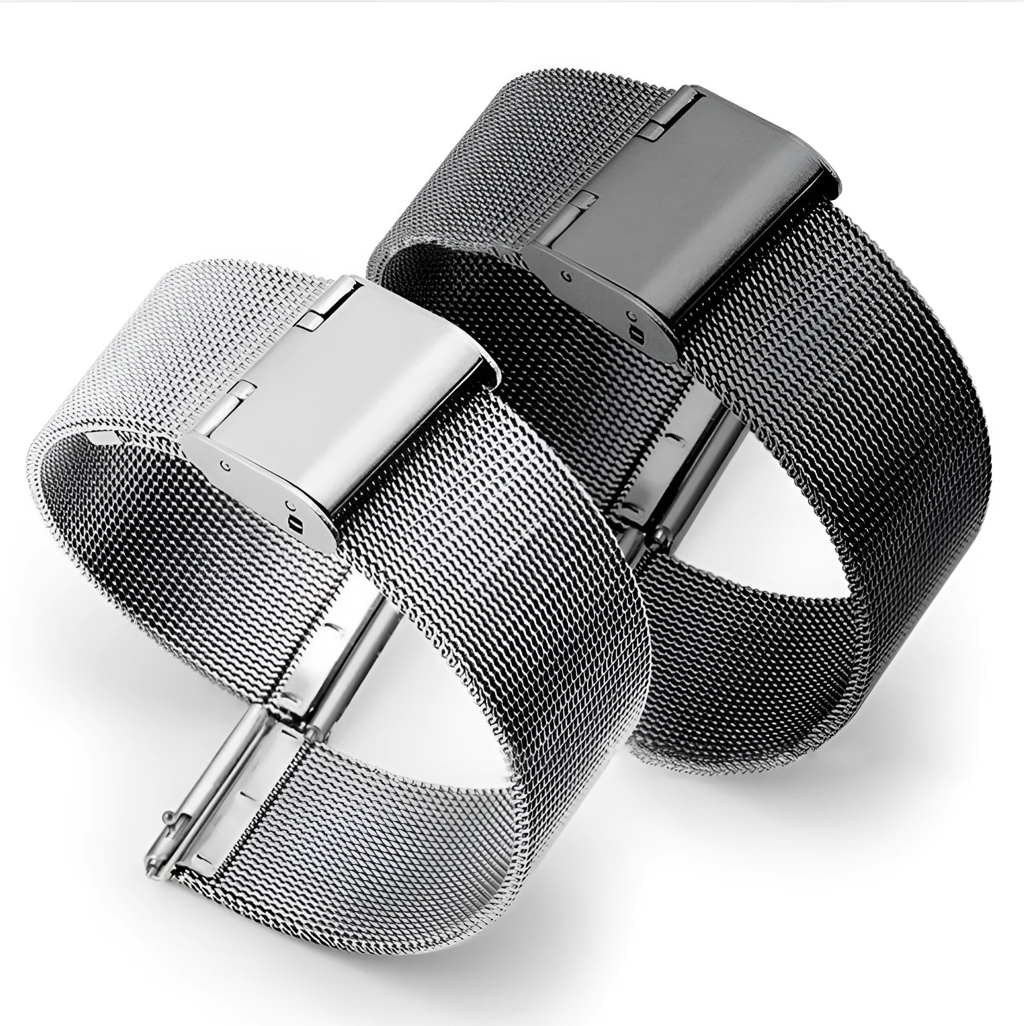 Milani Silk Woven Stainless Steel watch band in silver, shown adjustable on a wrist.